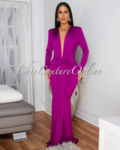 Shelley Magenta Long Sleeves Deep V-Neck Maxi Dress