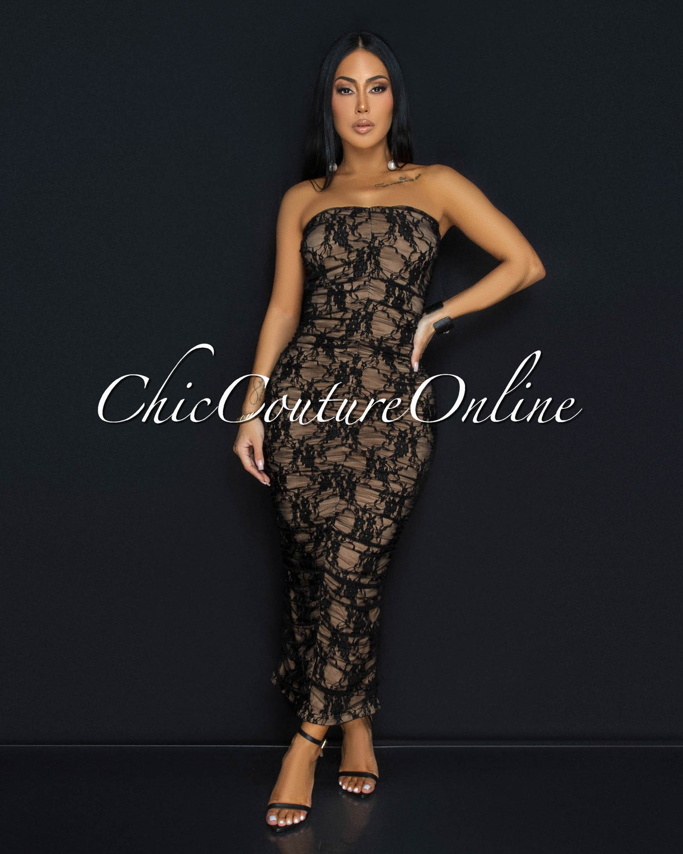 Insignia Black Lace Nude Ruched Strapless Dress