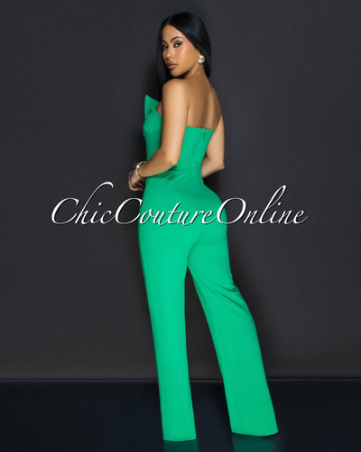 Amiri Kelly Green Gold Accent Button Strapless Jumpsuit