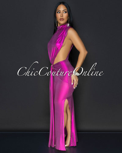 Avaline Fuchsia Shimmer Open Sides Maxi Dress