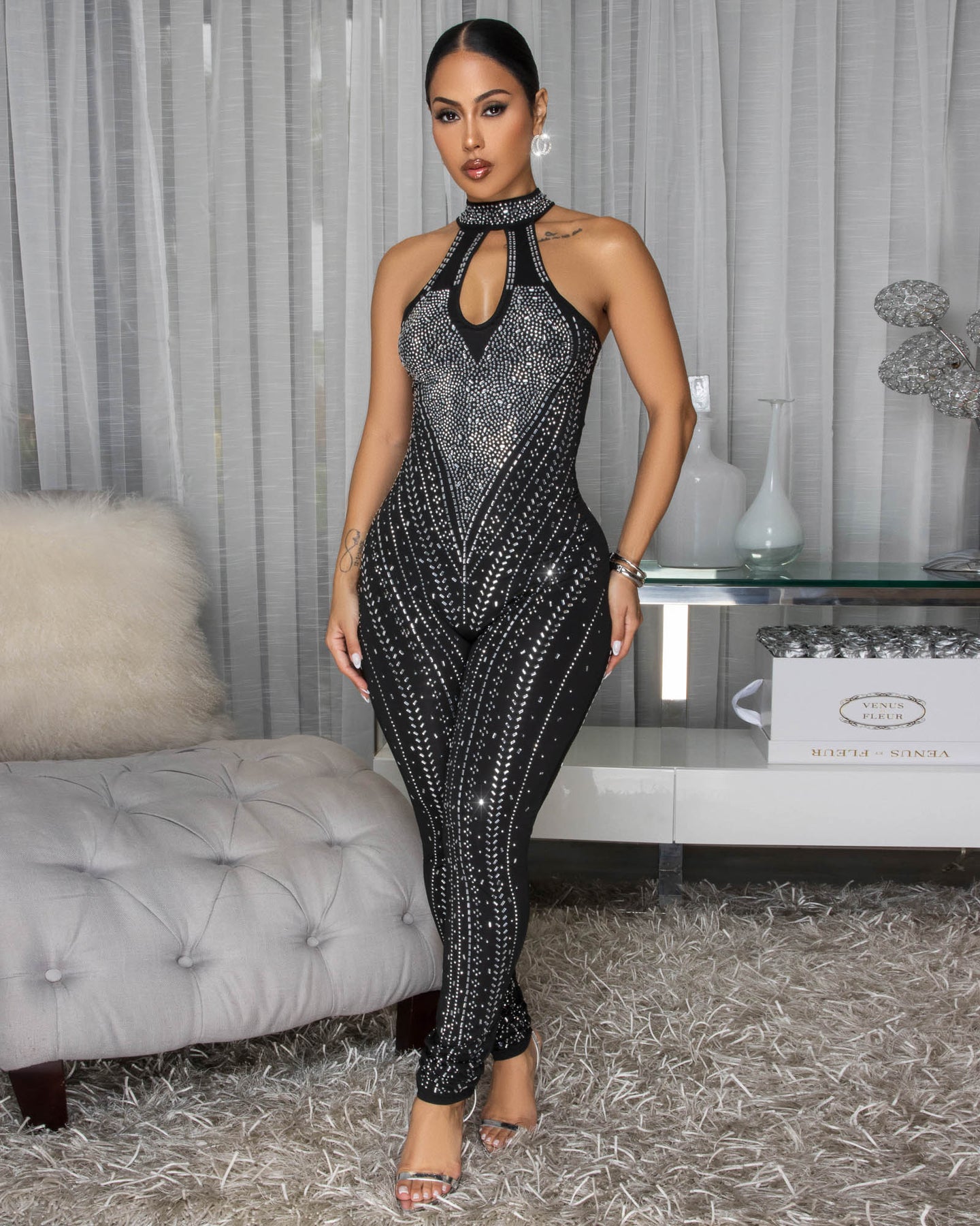 Porsche Black Rhinestone Body-Con Jumpsuit