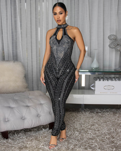 Porsche Black Rhinestone Body-Con Jumpsuit