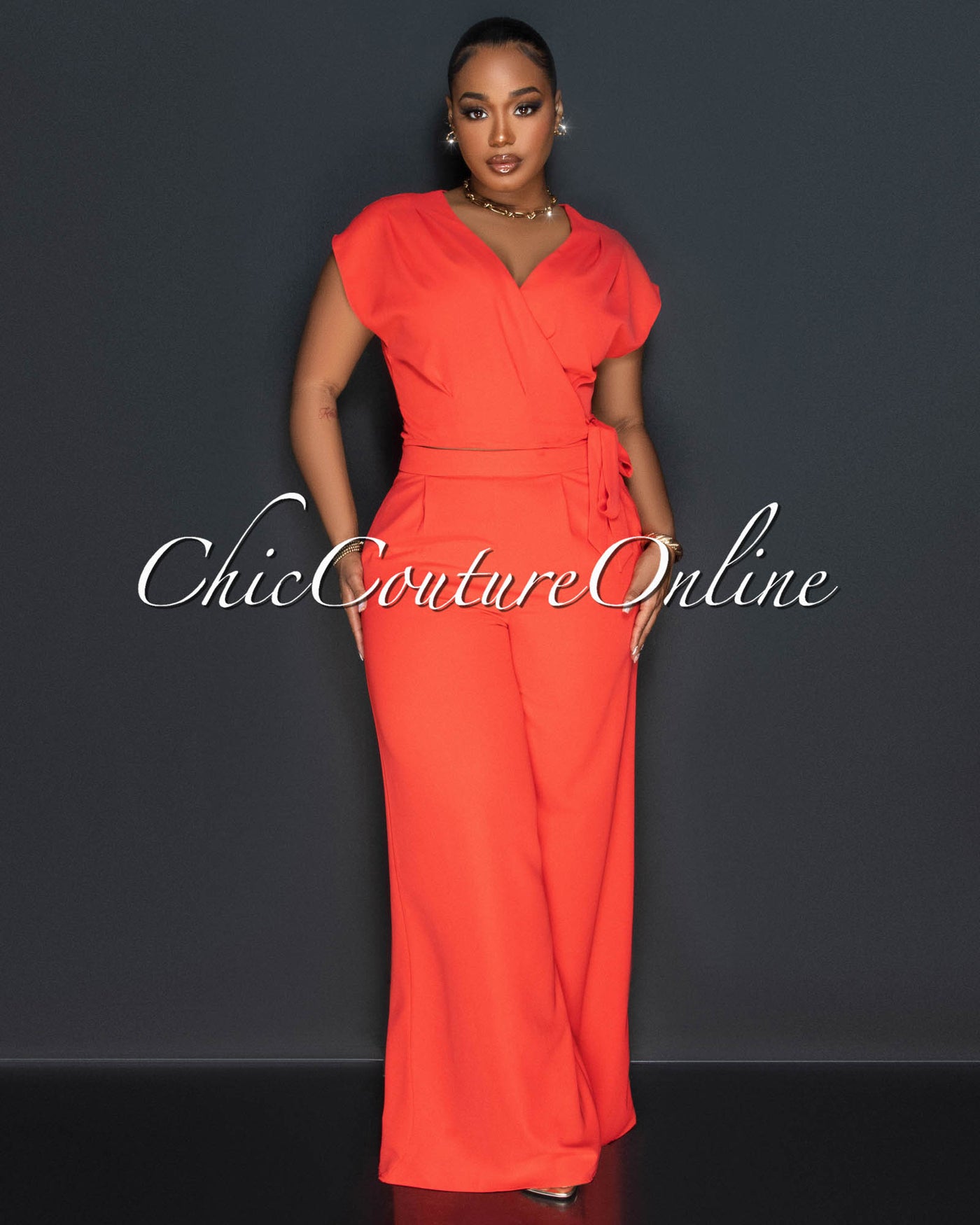 Florent Orange Wrap Crop Top & Wide Pants Set