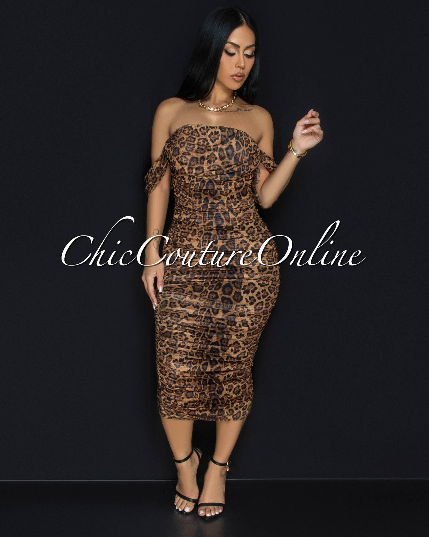 Altman Leopard Print Mesh Overlay Ruched Off-The Shoulder Dress