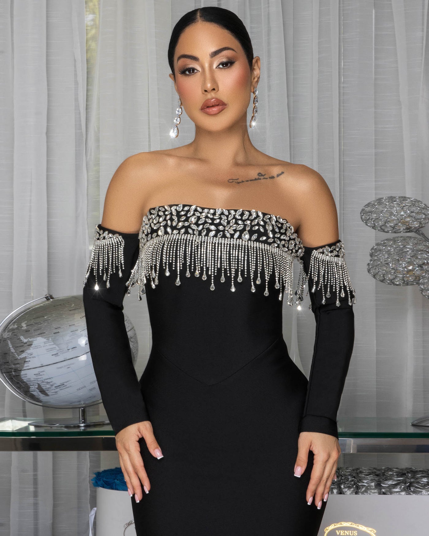 Mishka Black Rhinestone Decor Maxi Bandage Dress