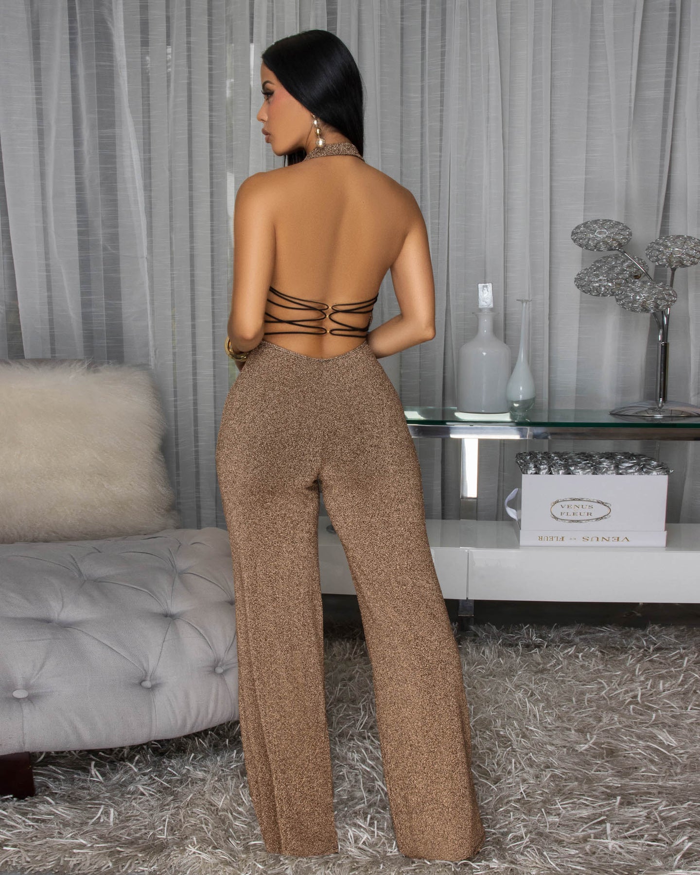 Lena Gold Shimmer Backless Jumpsuit