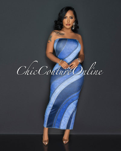 Sharol Blue Denim Print Tube Maxi Dress