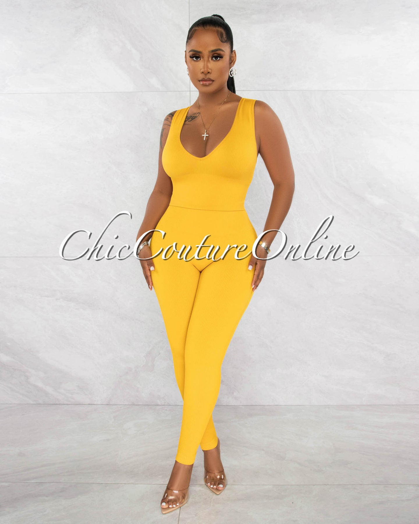 Leonette Mustard Ribbed SCULPTING Crop Top & Leggings Set