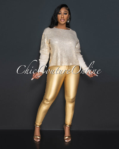 *Angela Nude Gold Foil Cable Knit Sweater