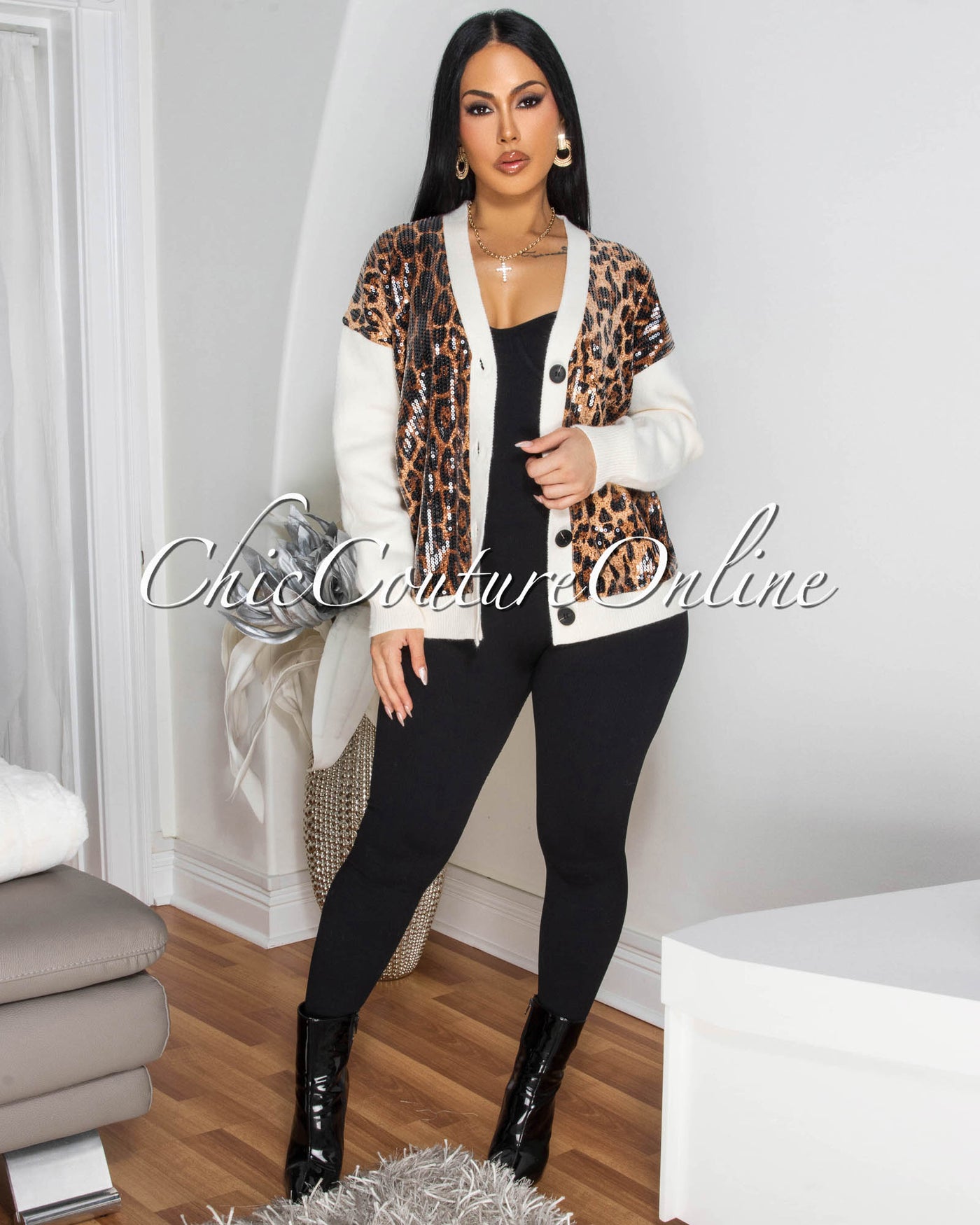 Hayden Sequins Leopard Print Cream Sweater Cardigan