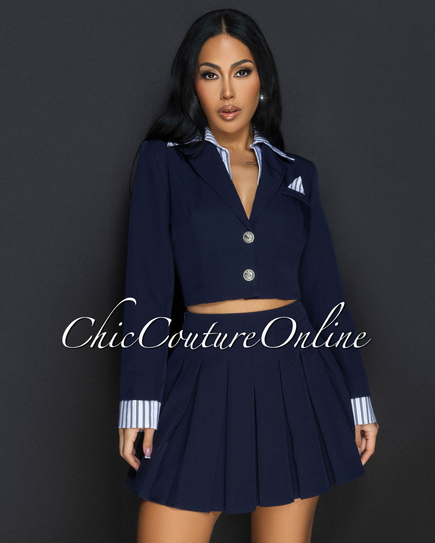 Joda Navy Blue White Blazer & Mini Pleated Skirt Set