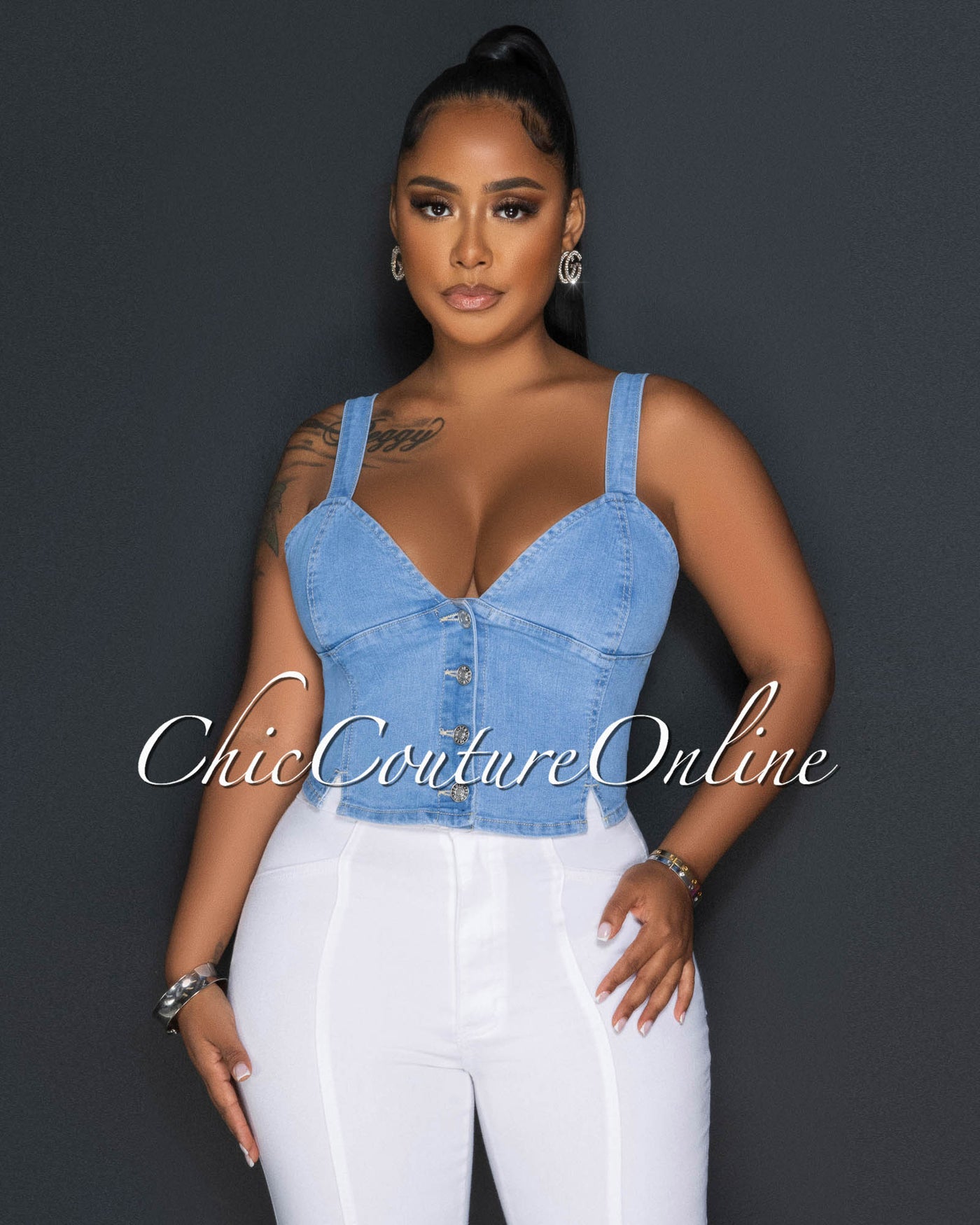 Alona Light Denim Buttons Crop Bustier