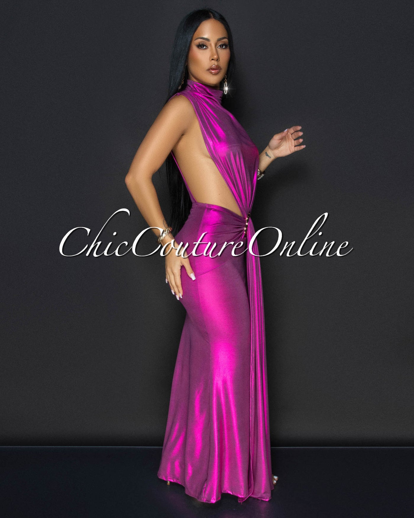 Avaline Fuchsia Shimmer Open Sides Maxi Dress