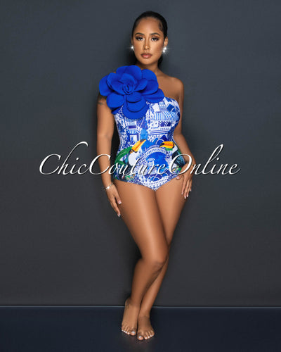 Phillips Blue White Print Flower Statement & Cover Up Swimsuit Set