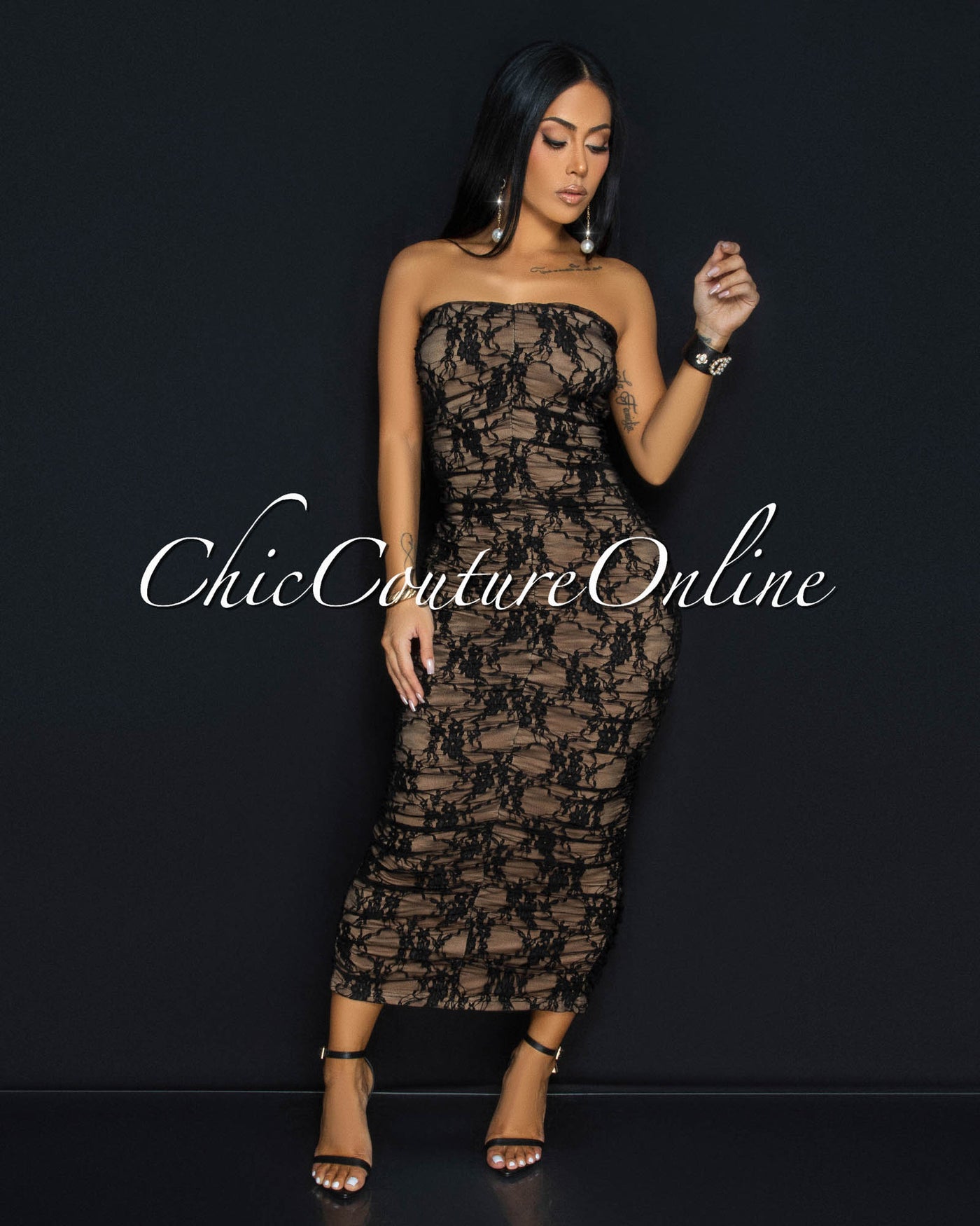 Insignia Black Lace Nude Ruched Strapless Dress