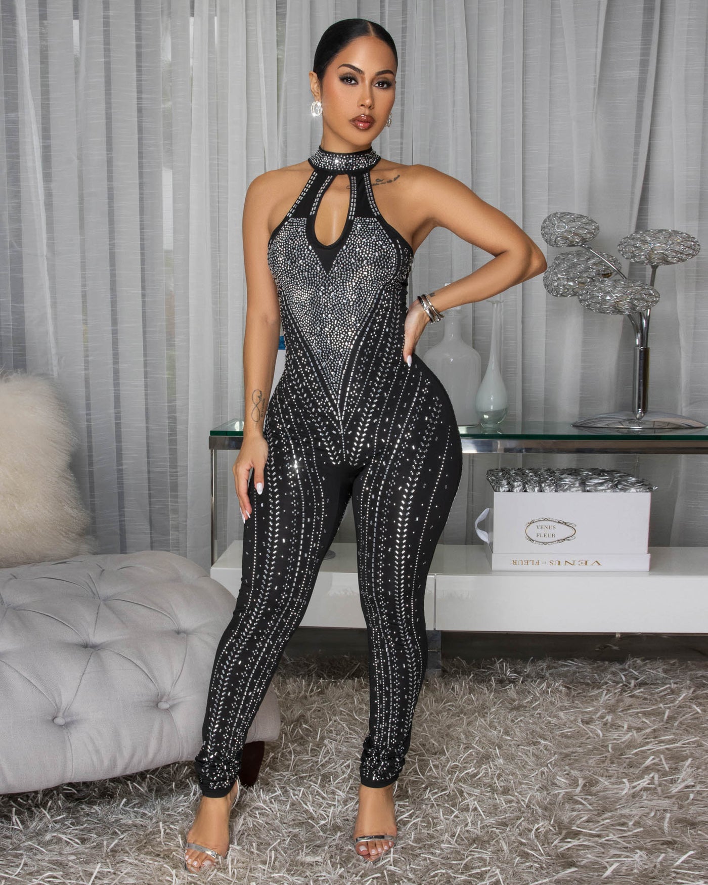 Porsche Black Rhinestone Body-Con Jumpsuit