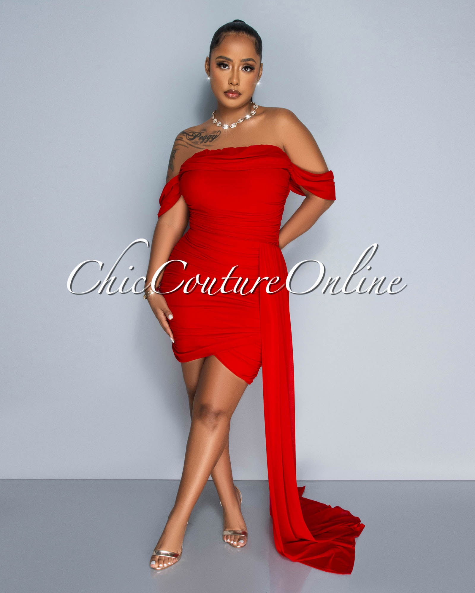 Cammy Red Ruched Mesh Off-The Shoulders Train Dress