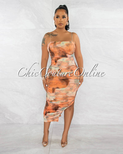 Delvin Orange Multi-Color Print Ruched Midi Dress