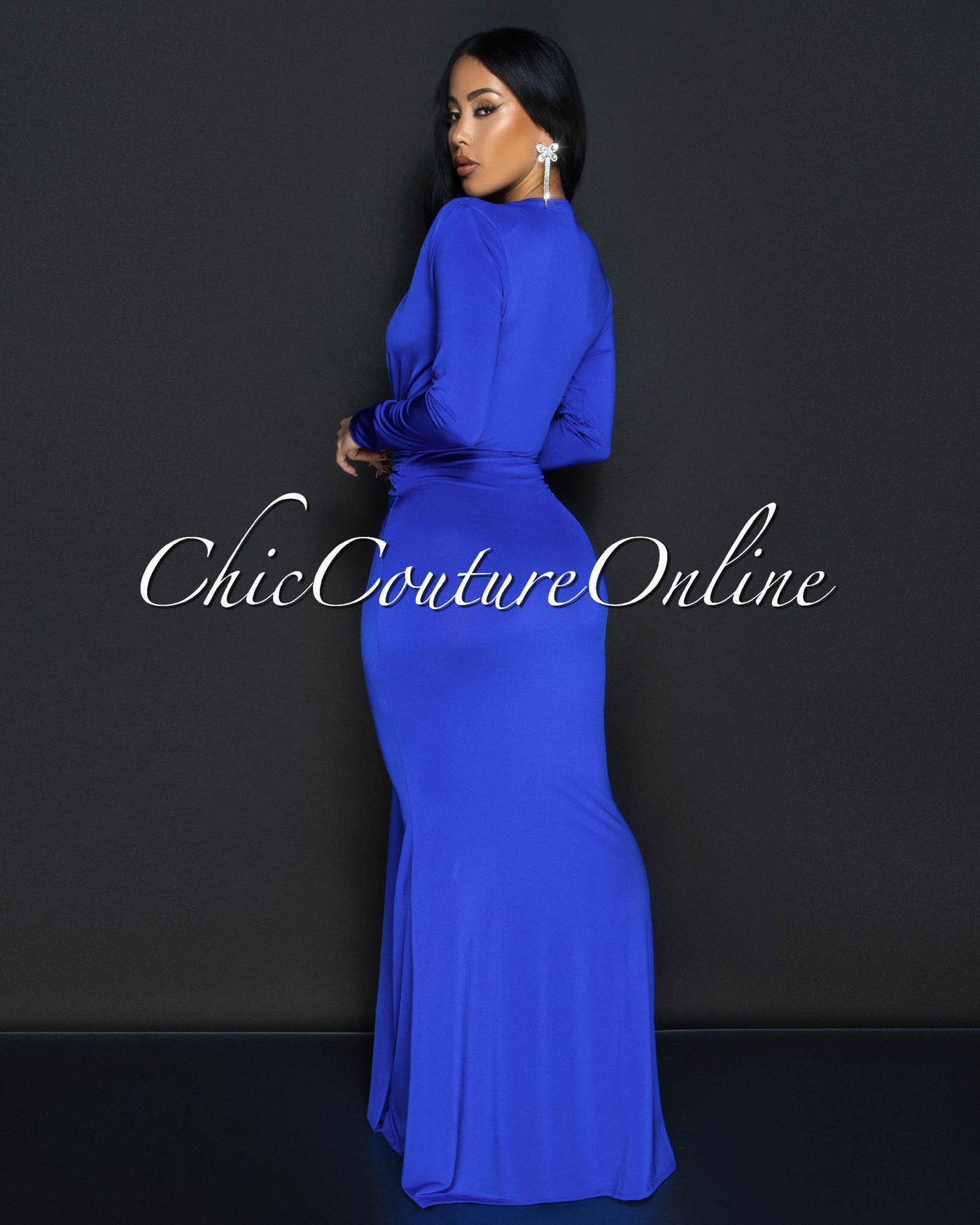 Cordelia Royal-Blue Long Sleeves Deep V-Neck Maxi Dress