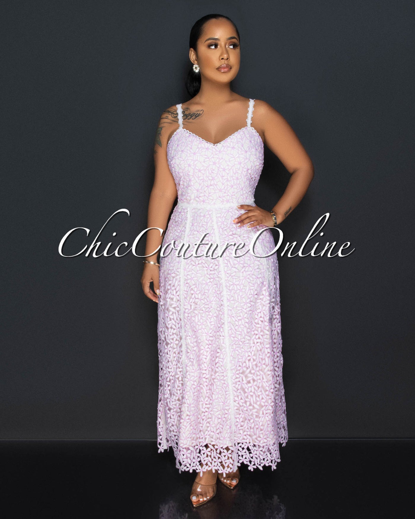 Pesca Pink Nude Illusion Crochet Maxi Dress