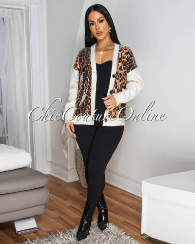 Hayden Sequins Leopard Print Cream Sweater Cardigan