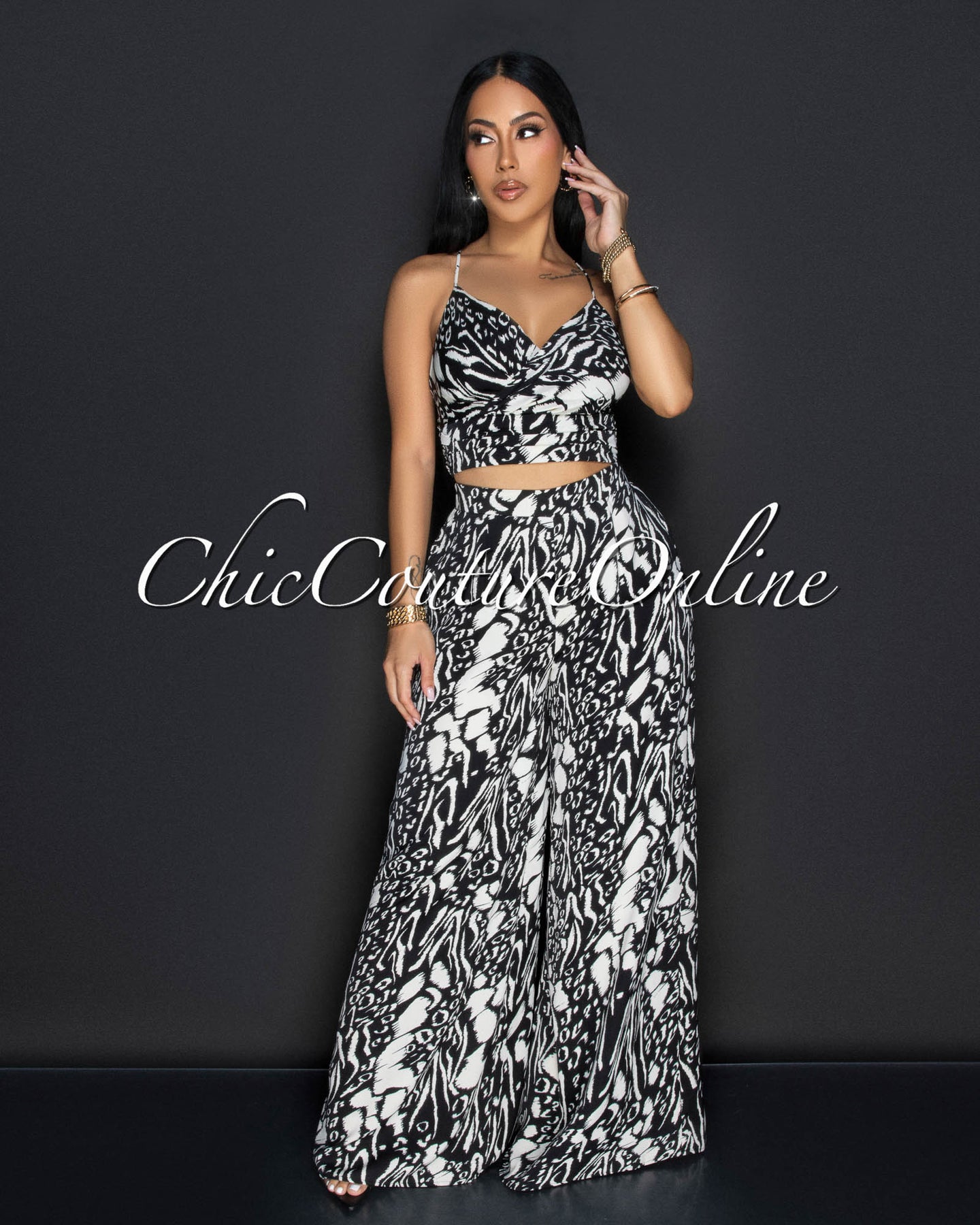 Lua Black White Spaghetti Straps Top & Wide Pants Set