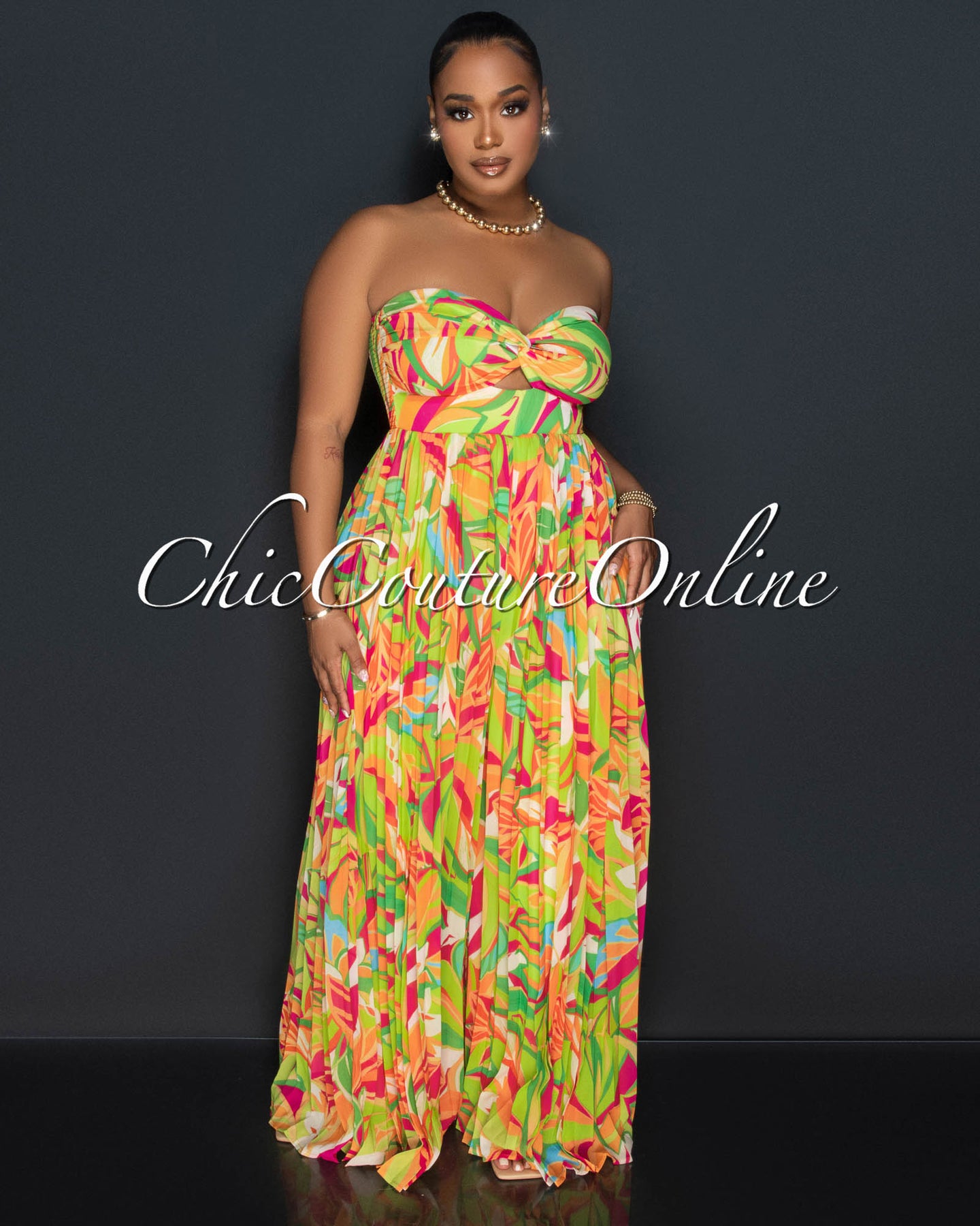 Rita Orange Green Print Bust Keyhole Pleated Jumpsuit