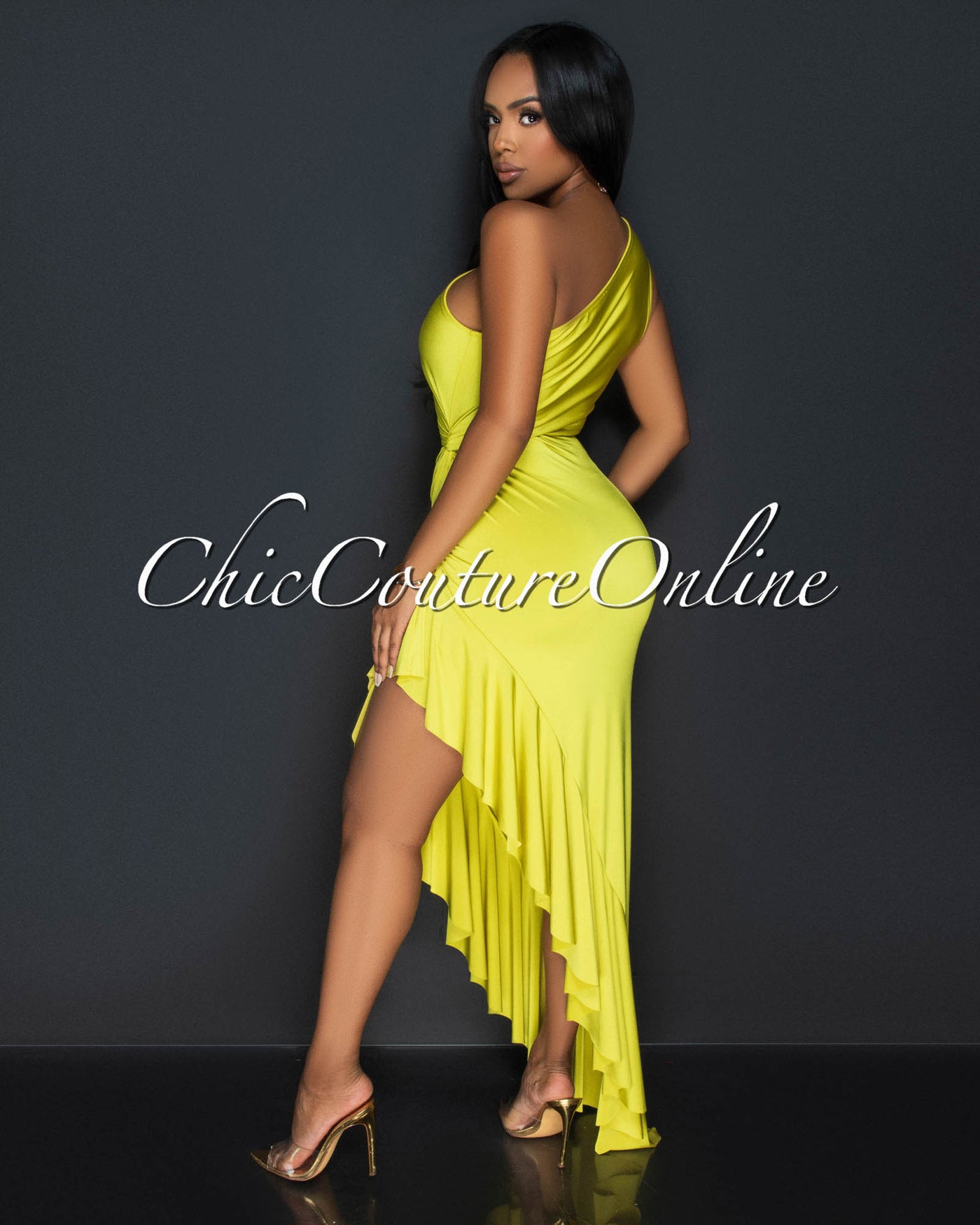 Nilia Lime Cut-Out Hi-Lo Ruffle Hem Maxi Dress