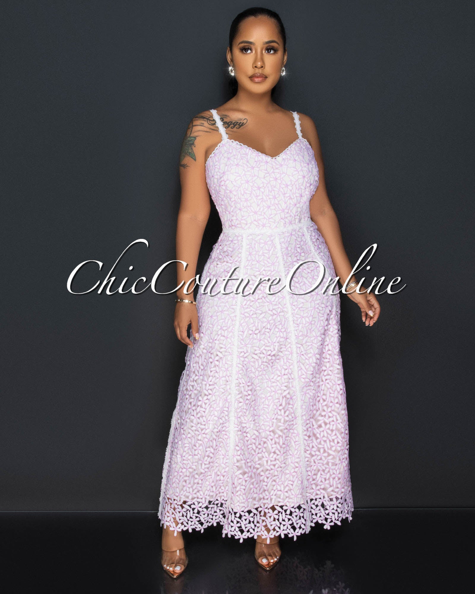 *Pesca Pink Nude Illusion Crochet Maxi Dress