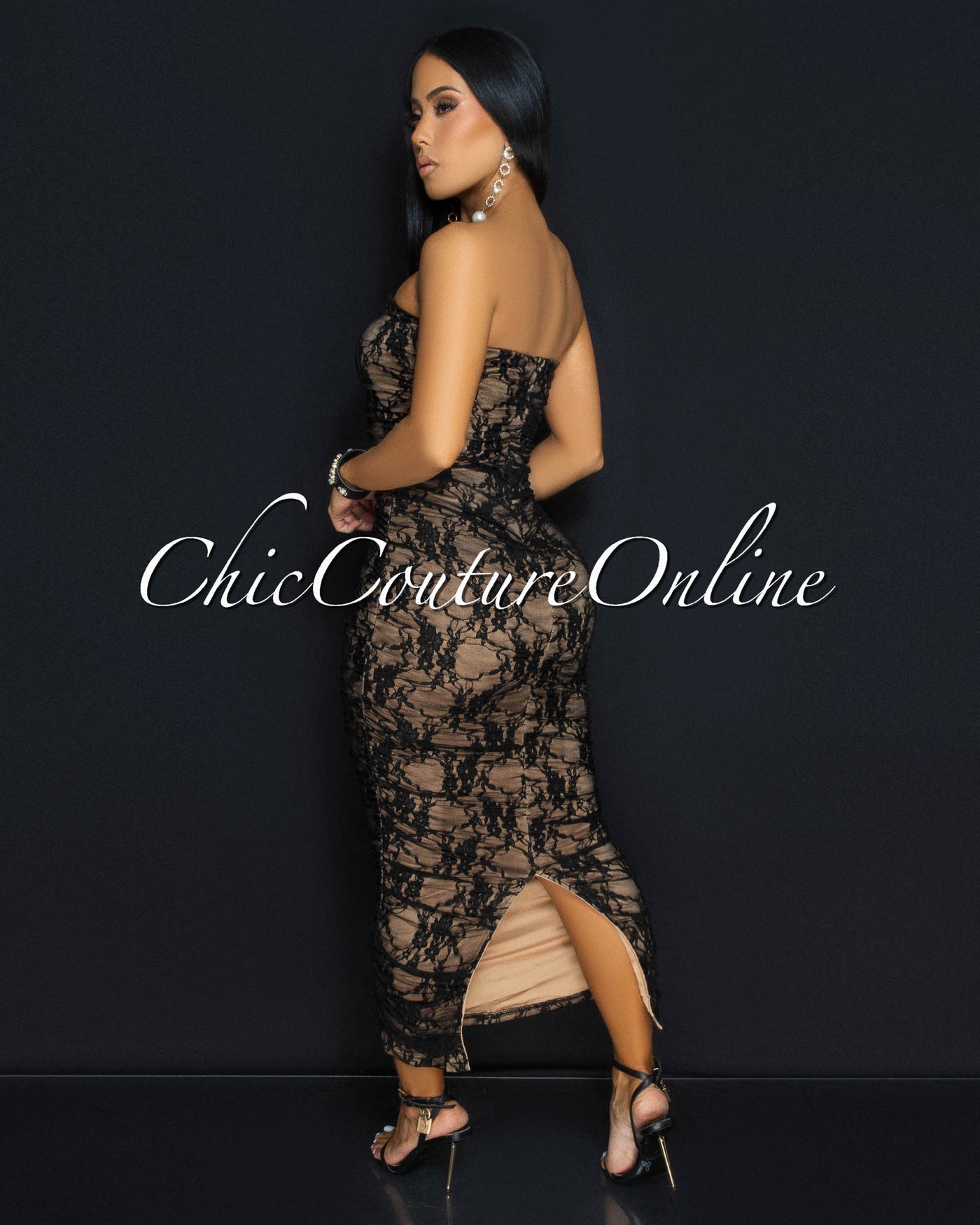 Insignia Black Lace Nude Ruched Strapless Dress