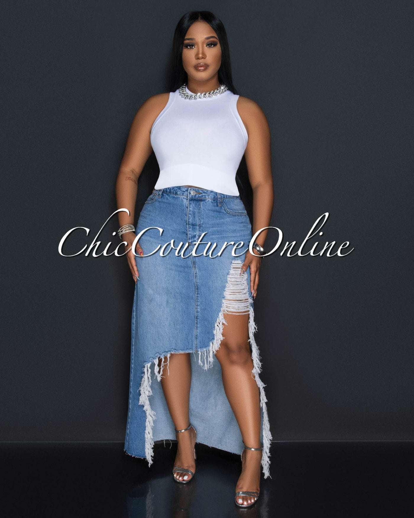 Caracas Light Blue Denim Distressed Fringe Maxi Skirt