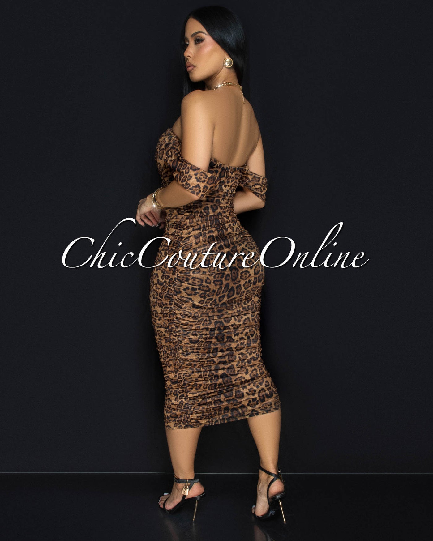 Altman Leopard Print Mesh Overlay Ruched Off-The Shoulder Dress