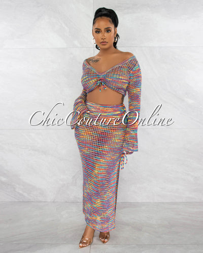 *Gregory Purple Multi-Color Top & Crochet Cover-Up Maxi Skirt Set