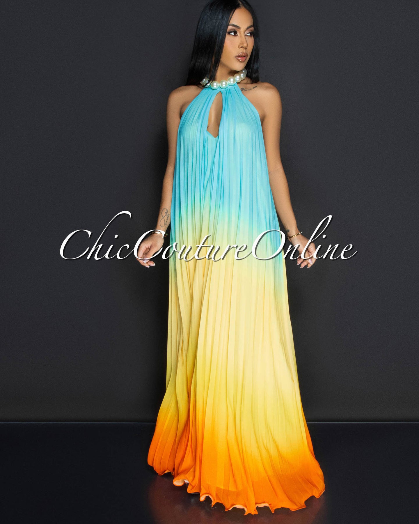 Poet Yellow Orange Pearl Halter Pleated Dress