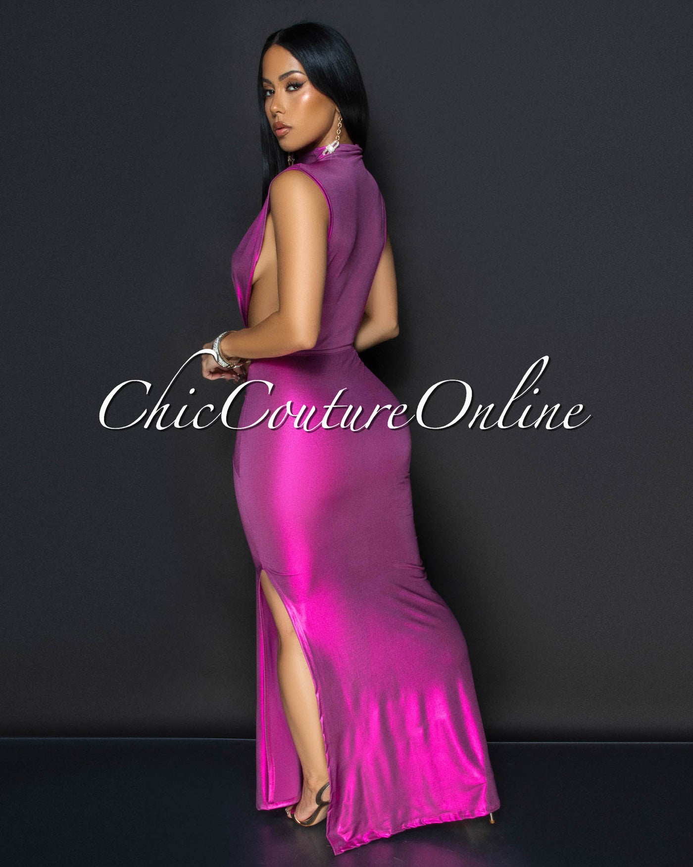 Avaline Fuchsia Shimmer Open Sides Maxi Dress