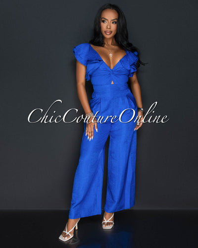 *Alena Blue Ruffle Sleeves Wide Legs Jumpsuit