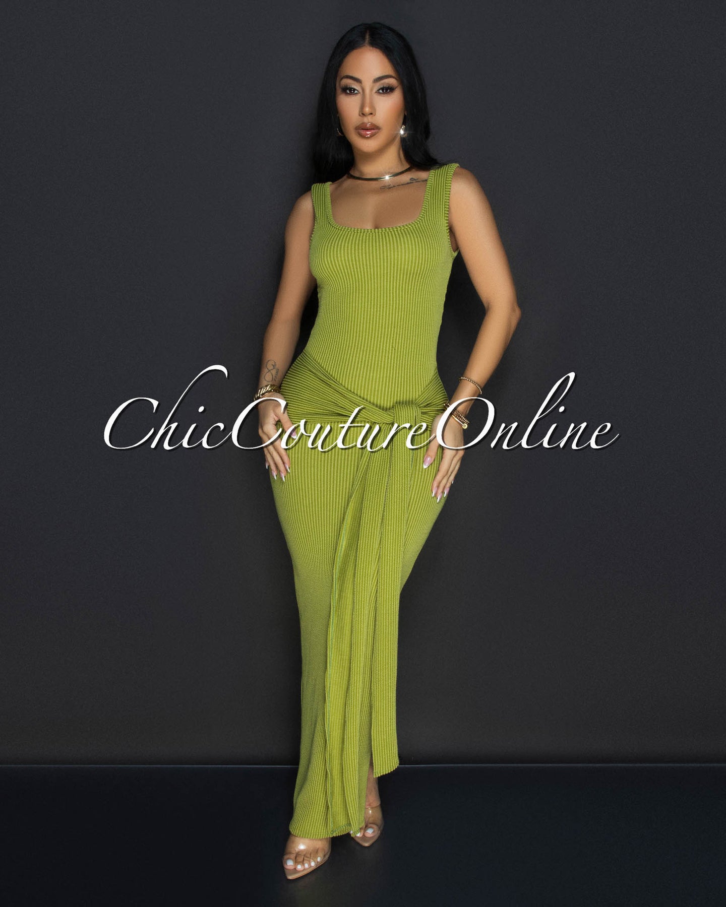 Aventine Green Ribbed Front Tie Maxi Dress
