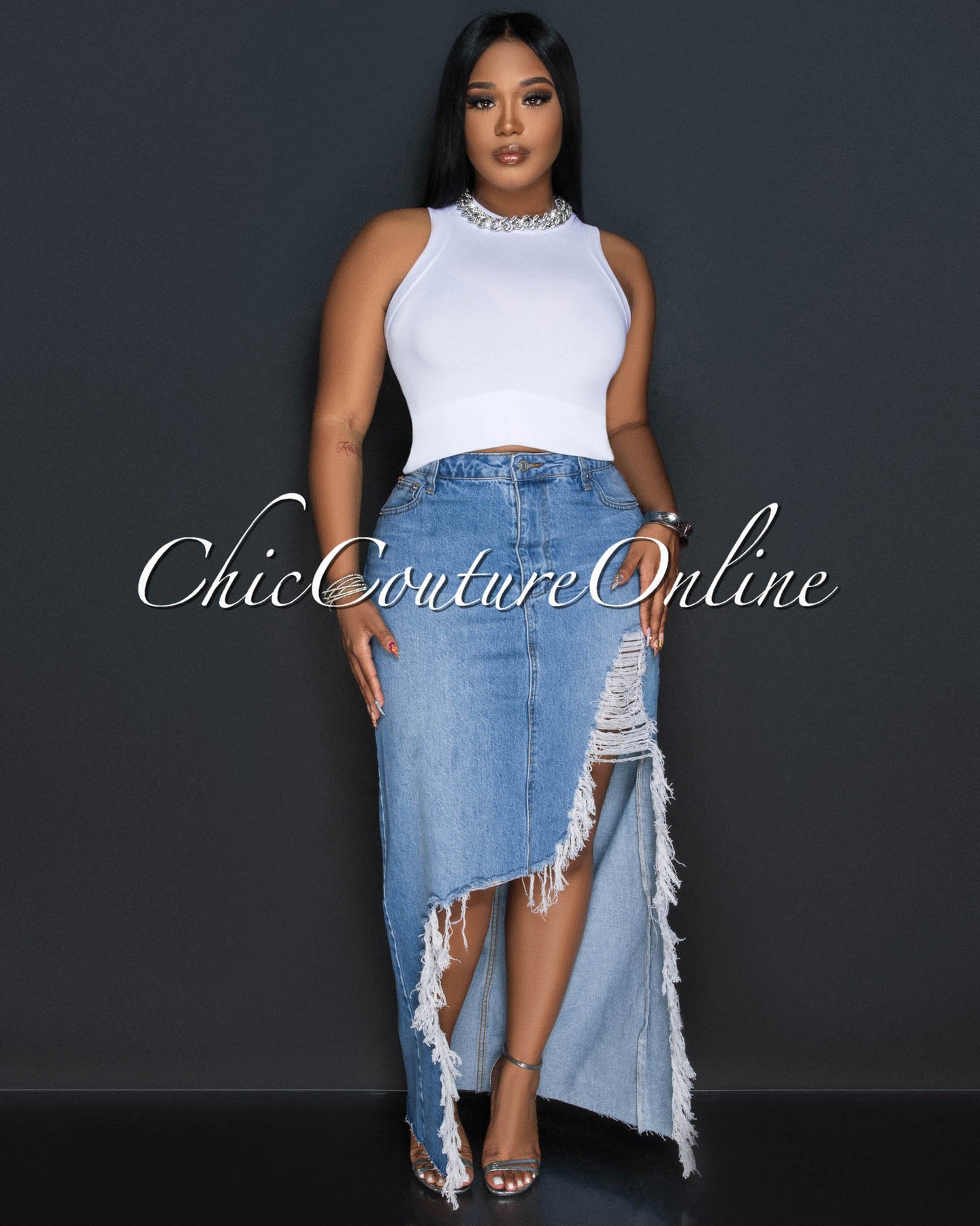 *Caracas Light Blue Denim Distressed Fringe Maxi Skirt