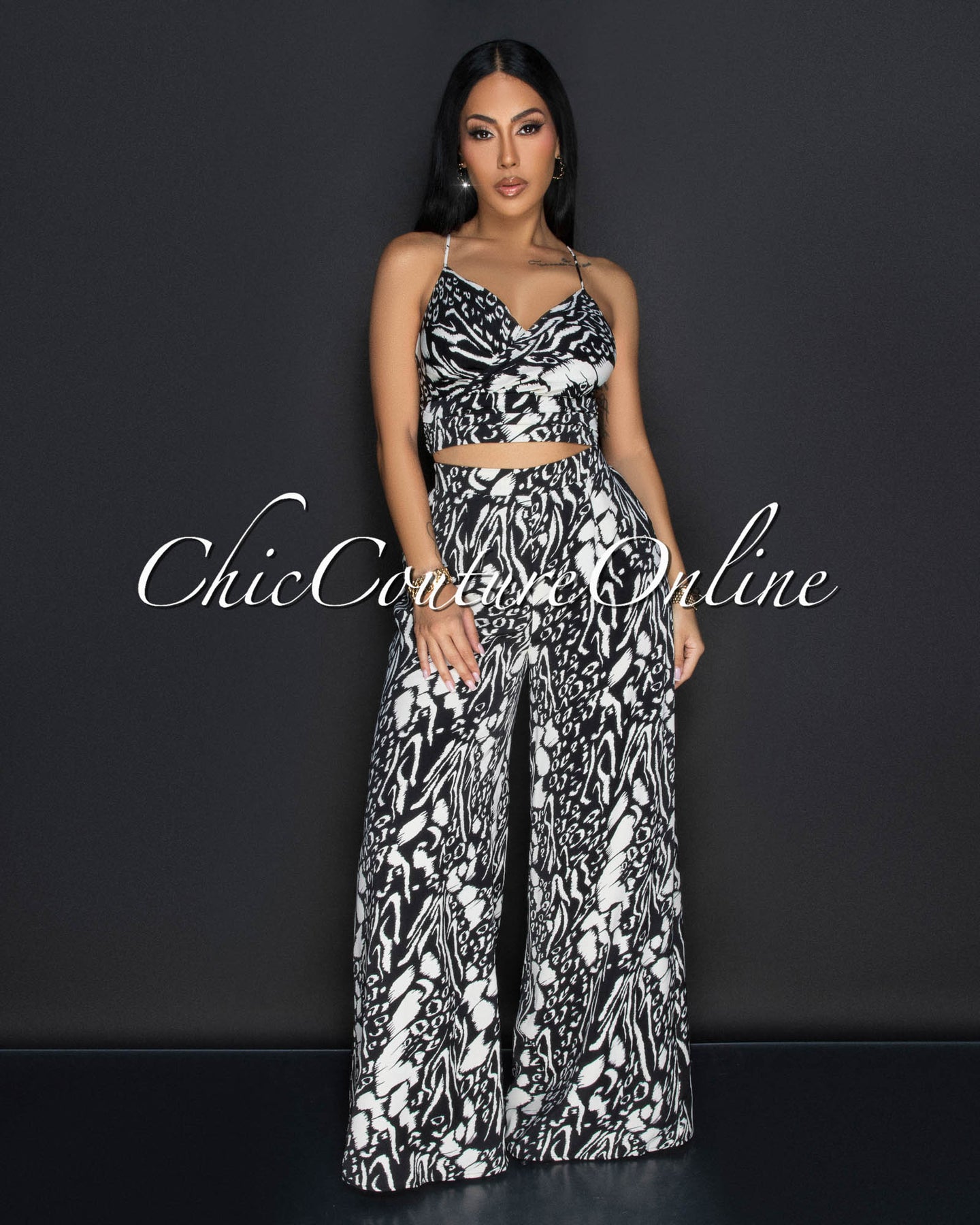 Lua Black White Spaghetti Straps Top & Wide Pants Set