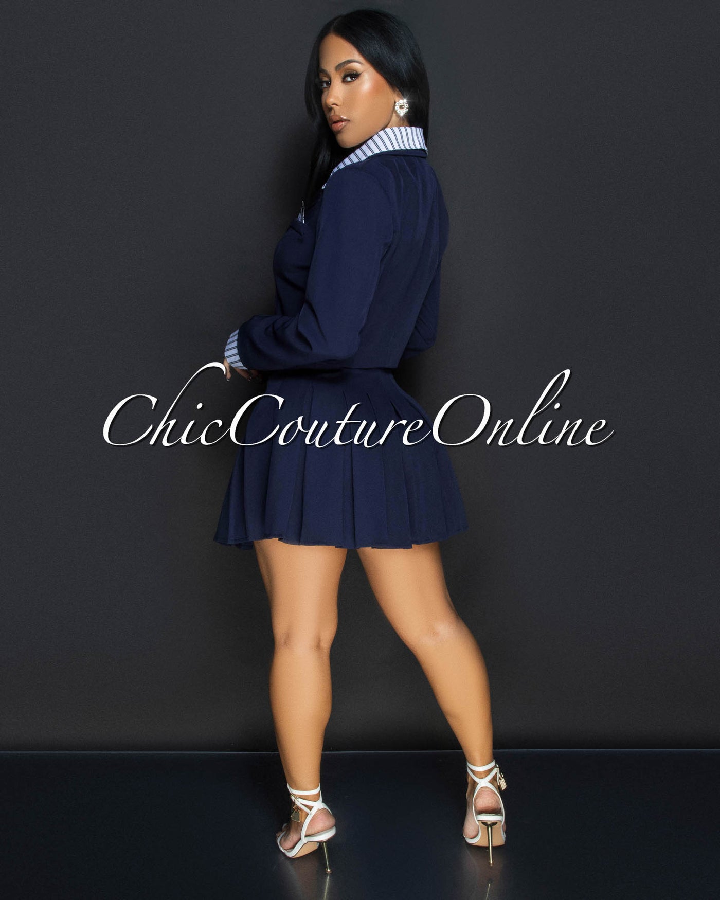 Joda Navy Blue White Blazer & Mini Pleated Skirt Set