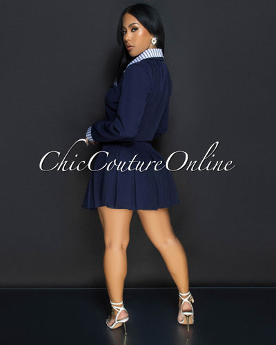 Joda Navy Blue White Blazer & Mini Pleated Skirt Set