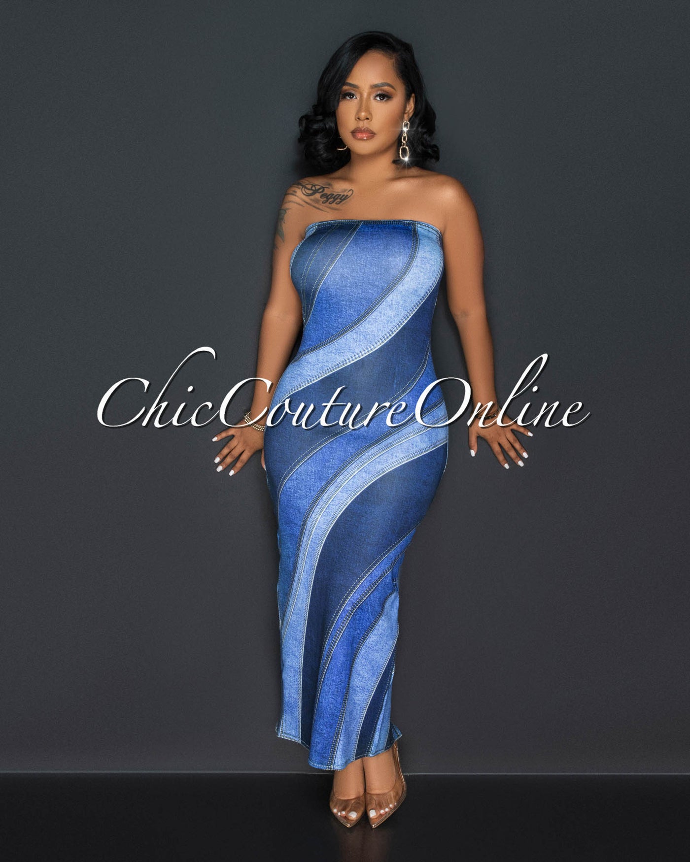 Sharol Blue Denim Print Tube Maxi Dress