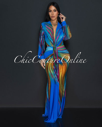 Ayana Blue Peacock Long Sleeves Deep V-Neck Maxi Dress