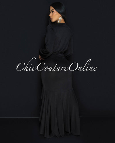 Florette Black Ruffle Maxi Dress