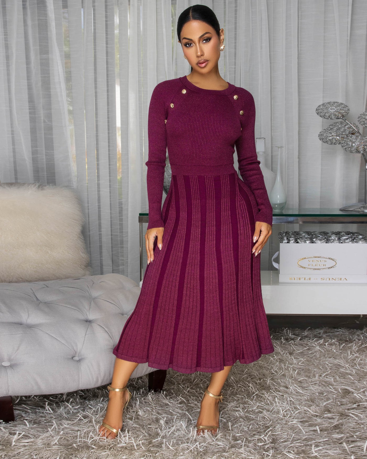 Nicia Orchid Shimmer Gold Buttons Knit Midi Dress