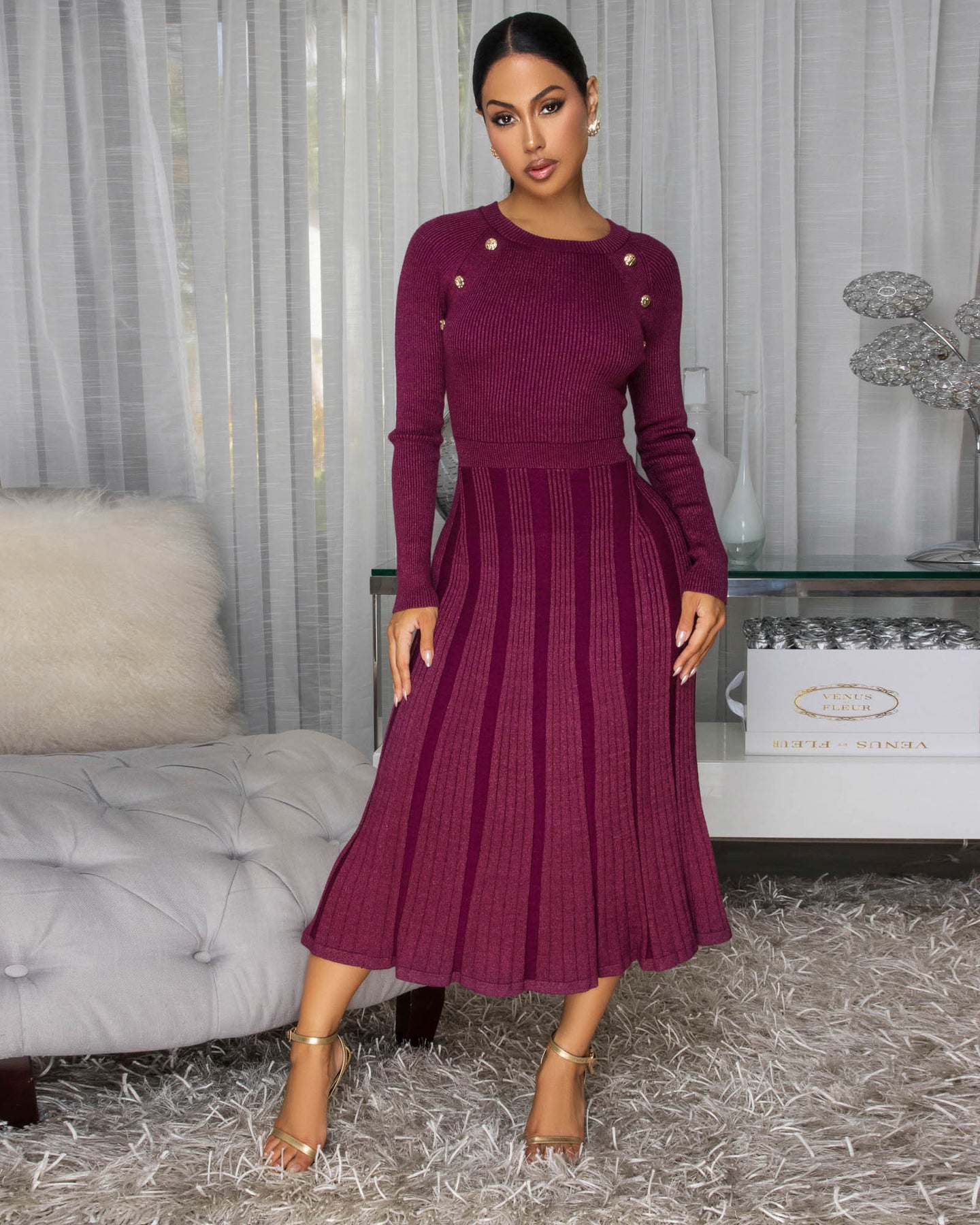 Nicia Orchid Shimmer Gold Buttons Knit Midi Dress