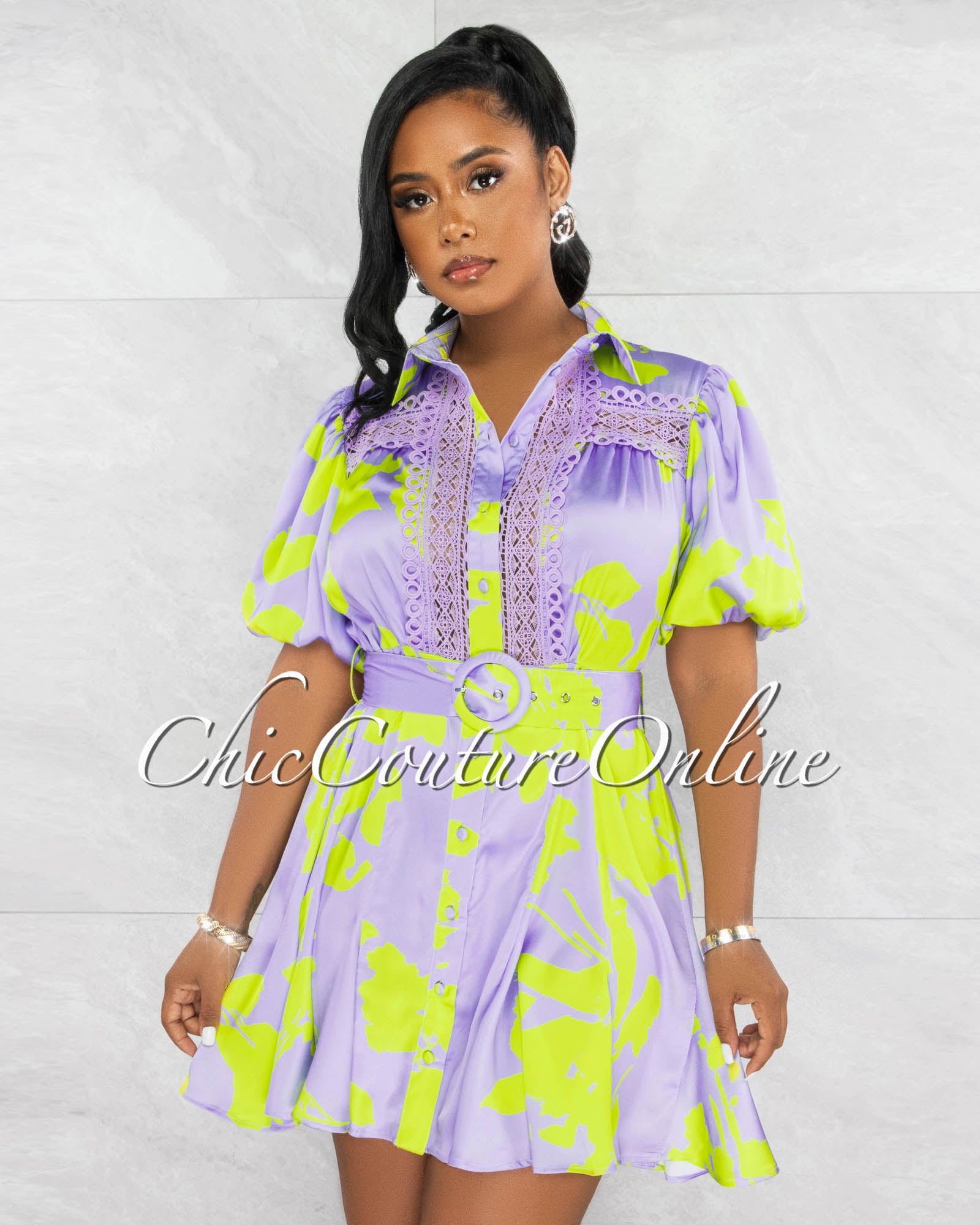 *Felder Lilac Green Floral Print Crochet Detail Skater Dress