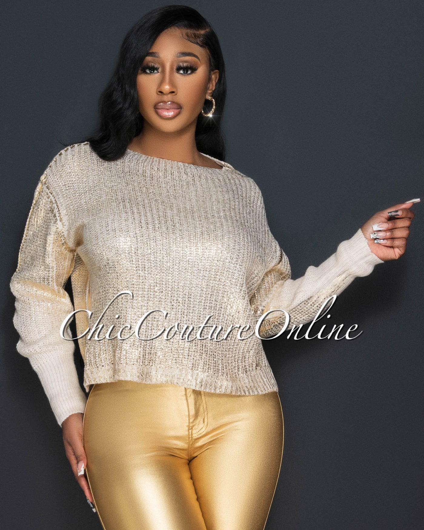 *Angela Nude Gold Foil Cable Knit Sweater