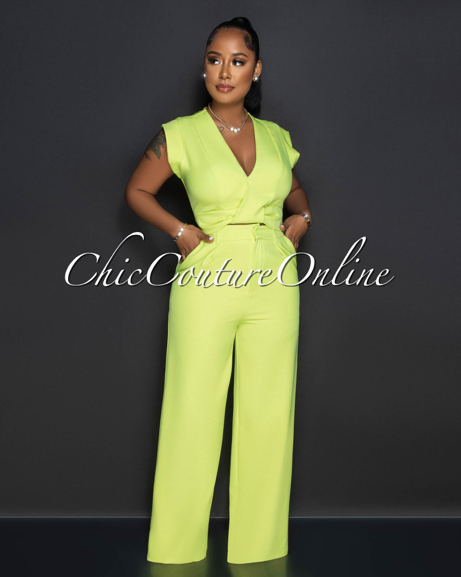 Giselle Apple Green Crop Top & Wide Leg Pants Set