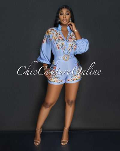 Vijory Lavender Floral Print Top & Belted Shorts Set